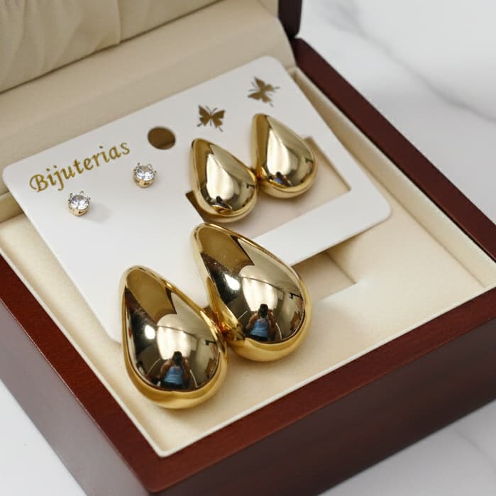 Trio Brinco Gota D'Agua Virgula Elegante + Birnco ponto de Luz Dourado ou Prata Moda Blogueira bijuteria