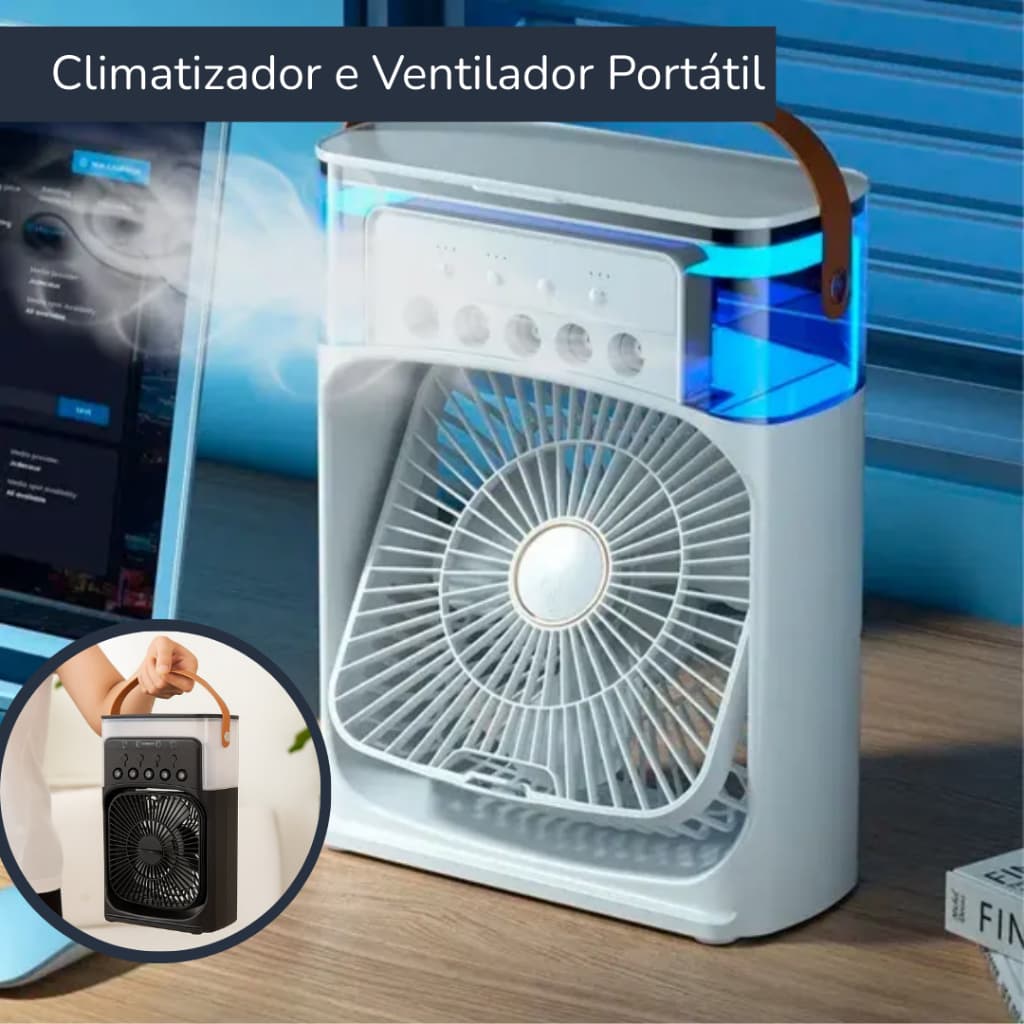 Ventilador Umidificador Portátil Branco - 3 Modos de Velocidade, 12h de Umidificação, LED Integrado
