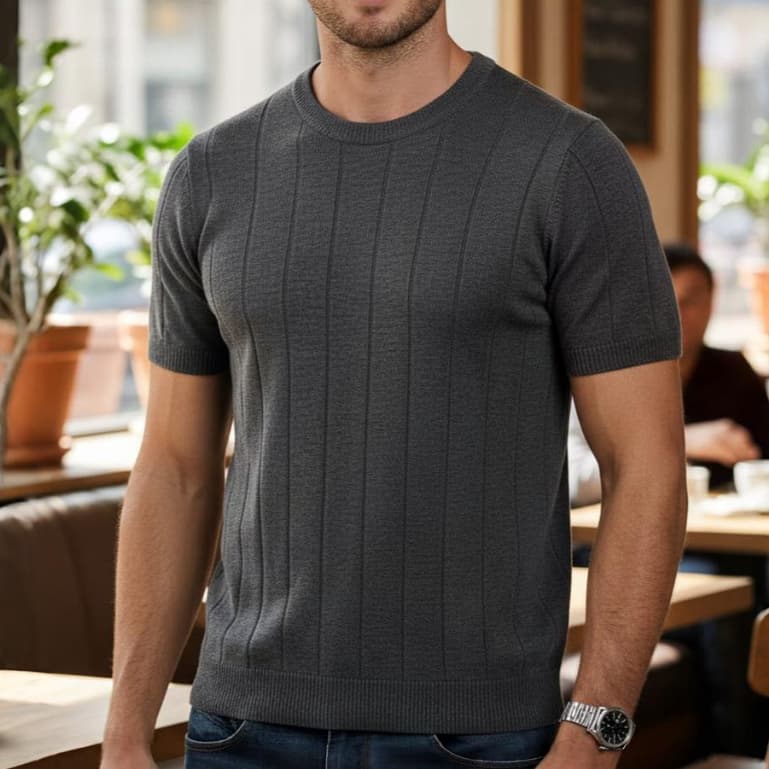 Camiseta Masculina De Tricô Camisa Slim Fit Manga Curta Canelada Casual