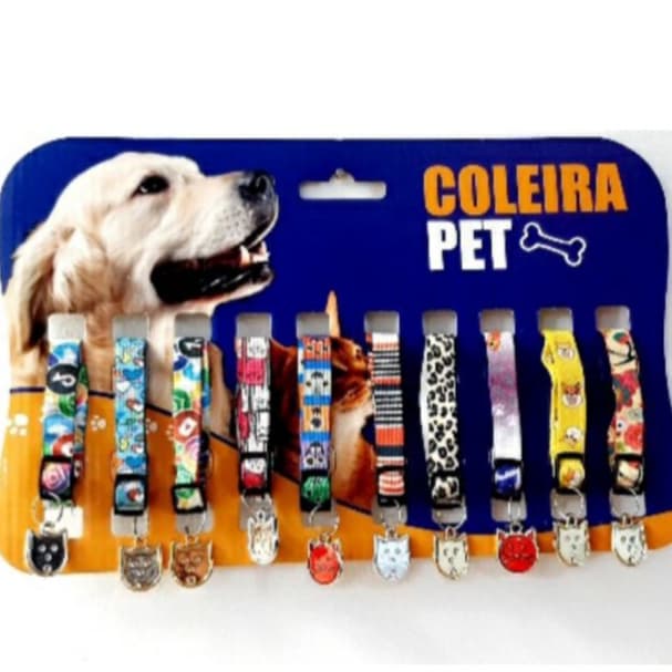 Kit 10 Coleiras Pet Para Gato e Cachorro Elástico Estampado Com Pingente