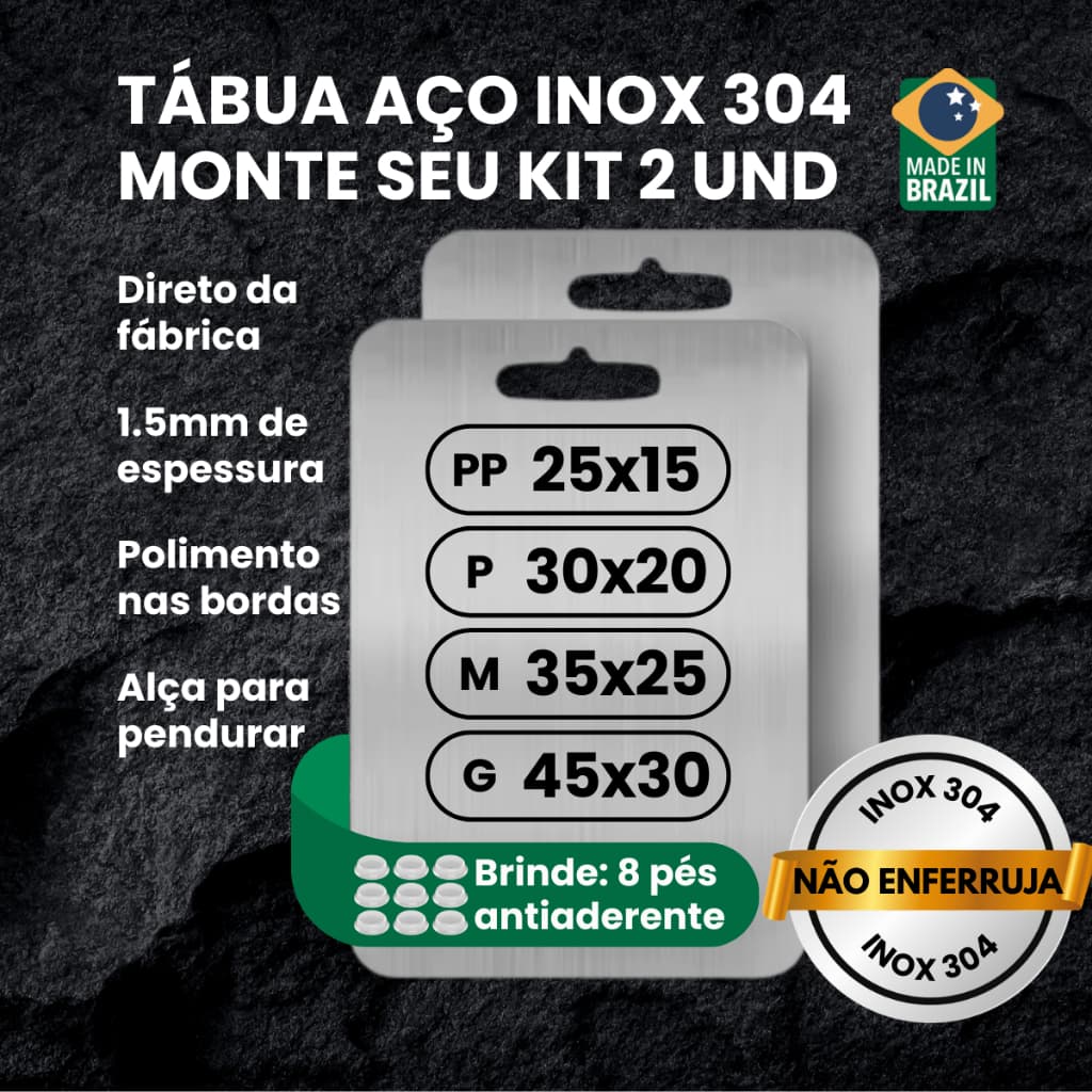 🇧🇷 2 Tábuas de Corte Aço Inox 304 Nacional | 1.5mm | Antibacteriana | PP 25x15 P 30x20 M 35x25 G 45x30