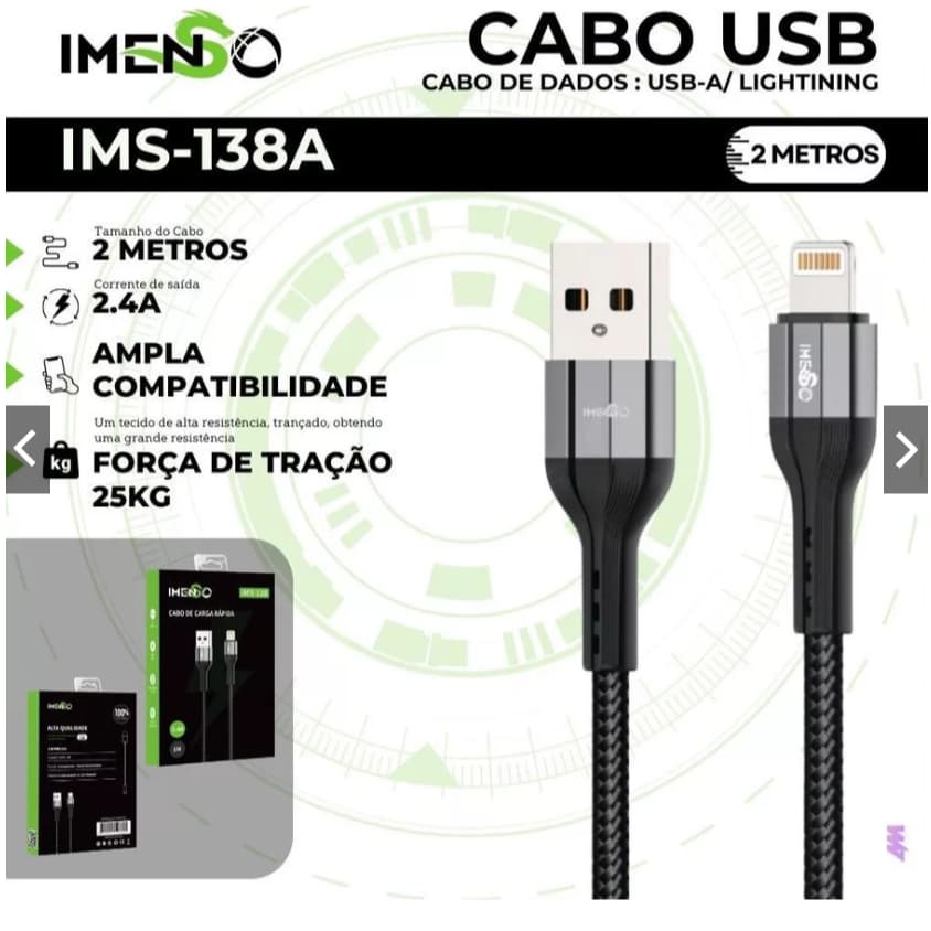Cabo Usb-a Para Lightning iPhone 6/7/8/X/11/12/13/14 2m Imenso Original Nylon Trançado IMS-138a