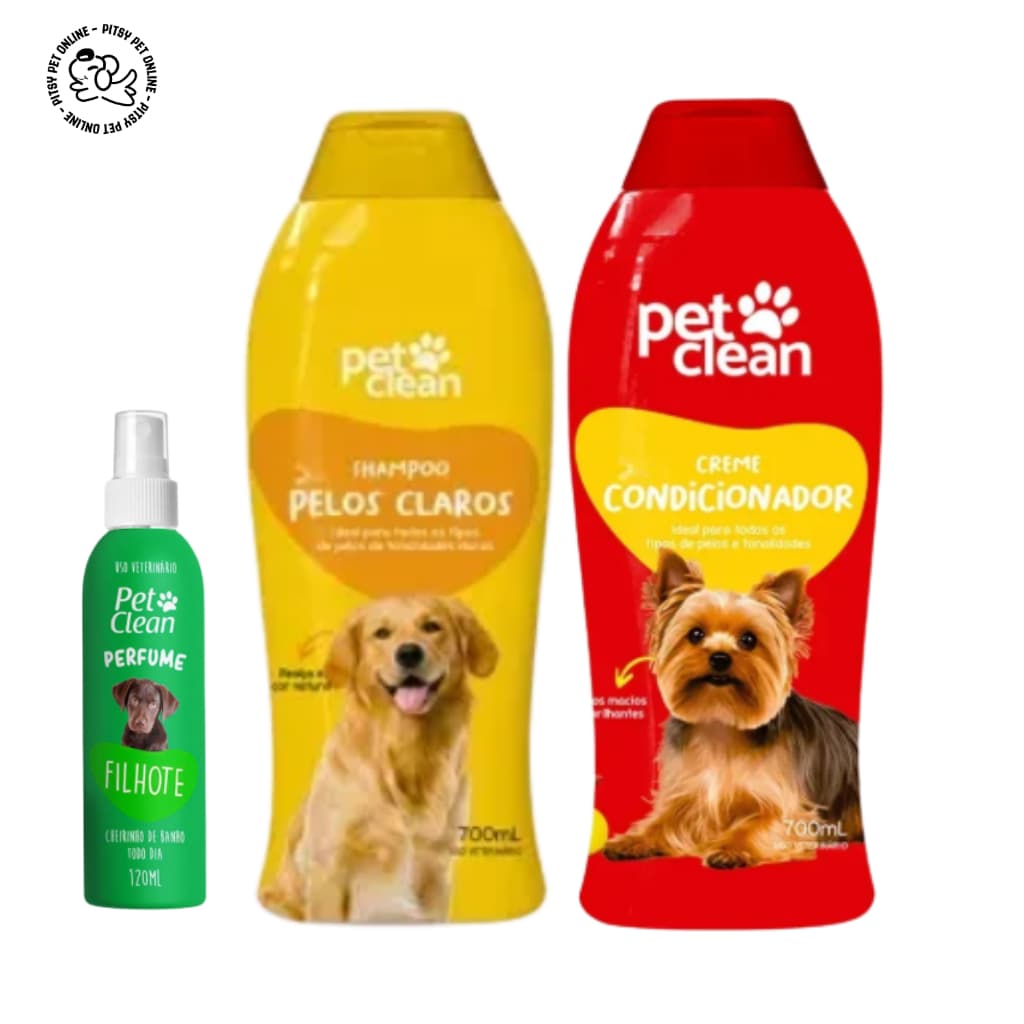 Kit Banho Higiene Shampoo Pelos Claros Creme Condicionador Perfume Pet Shop Cachorro Gato Pet Clean