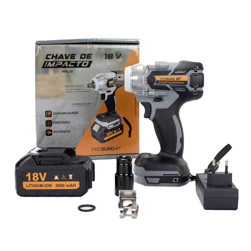 Chave de Impacto 18V Brushless 300Nm 2400RPM Encaixe Duplo 1/2 1/4 Bateria Lithium-ion Pró Euro
