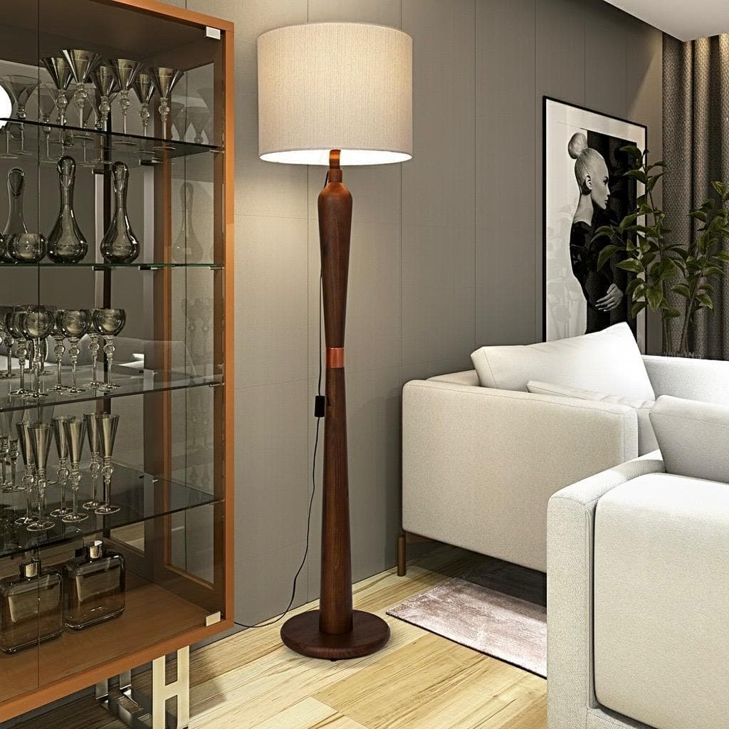 Luminária Abajur De Chão Coluna Madeira Tabáco Design Moderno Luxo Sala Quarto