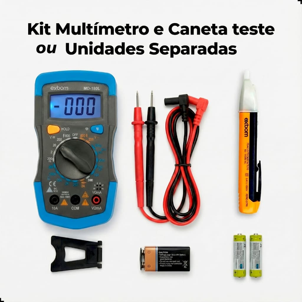Kit Multímetro Digital Exbom MD-180L e Caneta Teste Tensão Voltagem Corrente Completo Bateria Pilhas