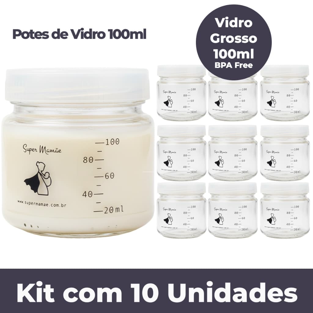 Kit com 10 Potes de Vidro 100ml para Leite Materno – Congela, Esteriliza e Livre de BPA