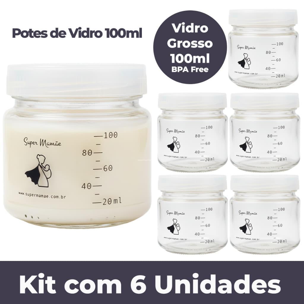 Kit com 6 Potes de Vidro 100ml para Leite Materno – Congela, Esteriliza e Livre de BPA