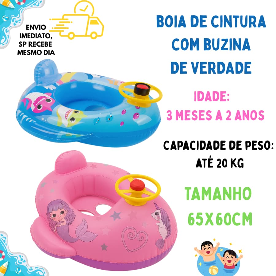 BOIA DE CINTURA BEBEZINHO AZUL E ROSA  BOIA DE  PEIXINHO COM BUZINA Infantil com Assento e Volante Modelo SEREIA UNICORN