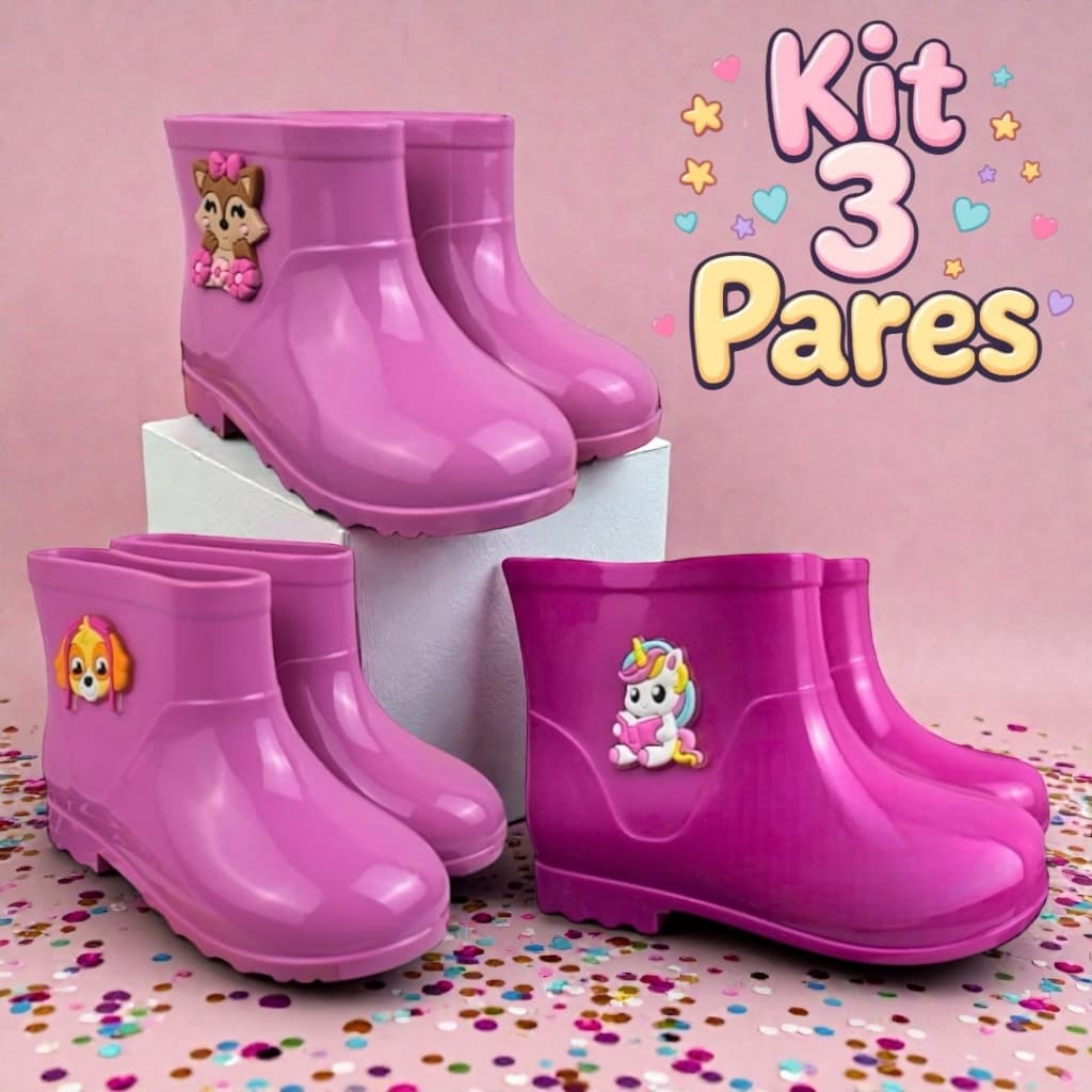 Kit 3 Pares Galocha Infantil Super Confortável Antiderrapante Perfeita para DIa a Dia Brilho