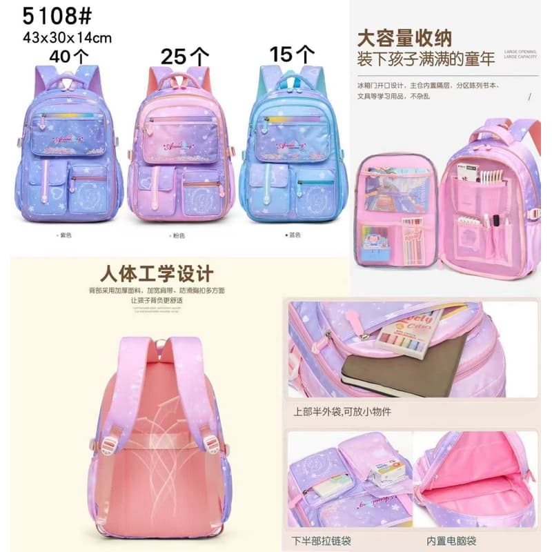 Mochila Escolar Feminina Infantil Juvenil Bolsa Grande Passeio Viajem Menina Abertura180º ref 5108