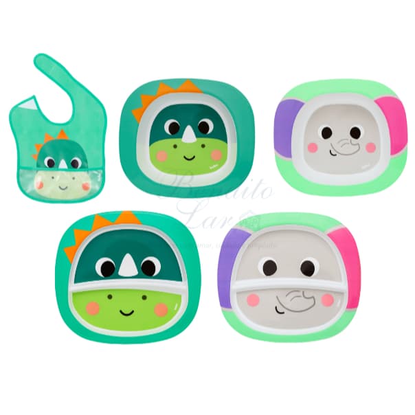 Kit para introdução alimentar | BUBA | Babador, Pratinho e bowl | Dino/Elefante | Menino/Menina