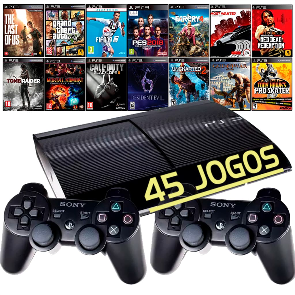 Sony Ps3 Playstation 3 Super Slim + 2 Controles sem fio + 45 Jogos + GTA5 + Fifa + Call of Duty