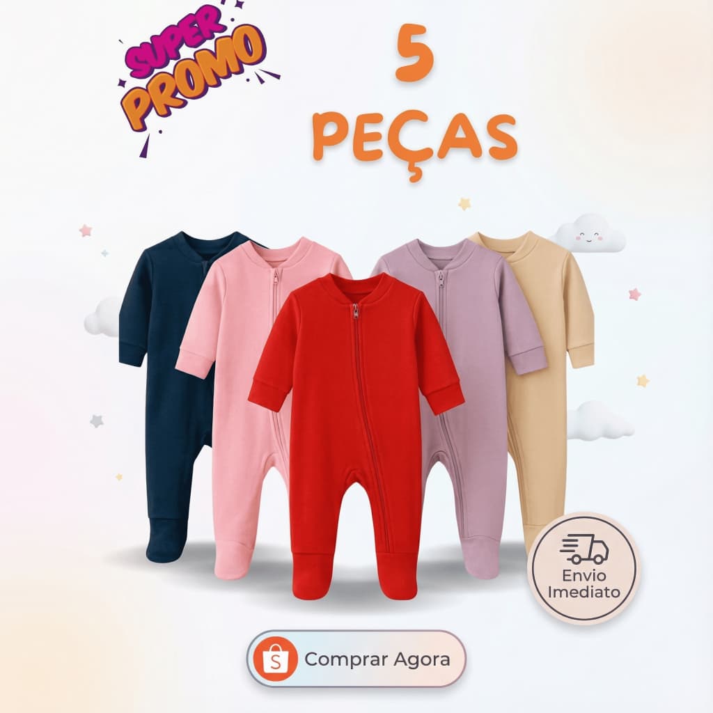 Kit 5 Macacão Bebê P M G Algodão Zíper Vira Pé Inverno Menino Menina Macacões