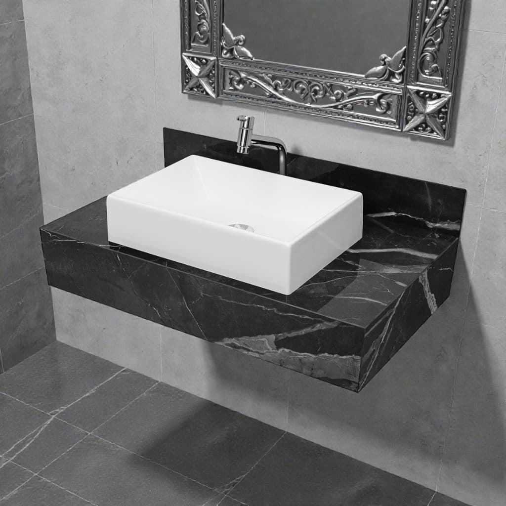 Bancada Com Cuba Branca Sobreposta E Torneira Banheiro Calacata Black em Porcelanato