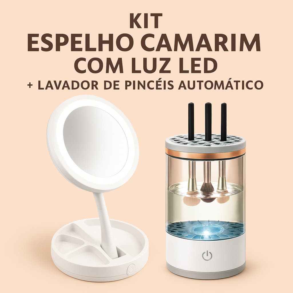 Kit maquiagem Completo Espelho Camarim LED + Lavador de Pincéis Automático – Iluminação Profissional e Limpeza Rápida