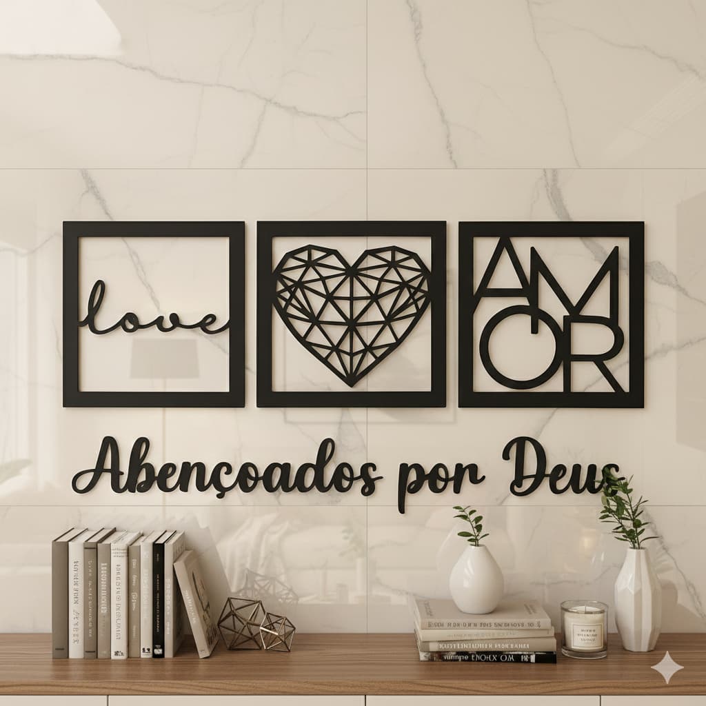 Kit Quadros Decorativos + Frase Abençoado por Deus Vazada MDF - Decoração Quarto Sala