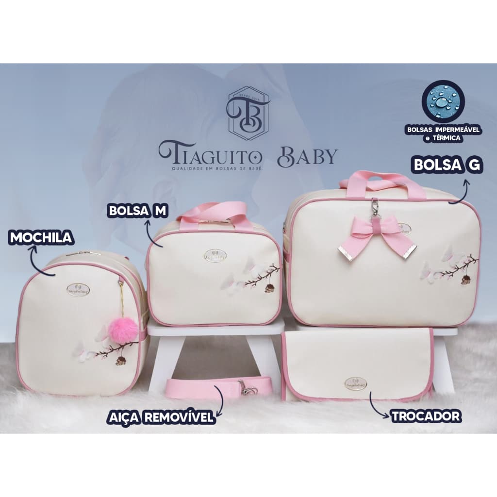 KIT BOLSA  MATERNIDADE BORBOLETA  LUXO 4 PEÇAS  (ROSA/OF)