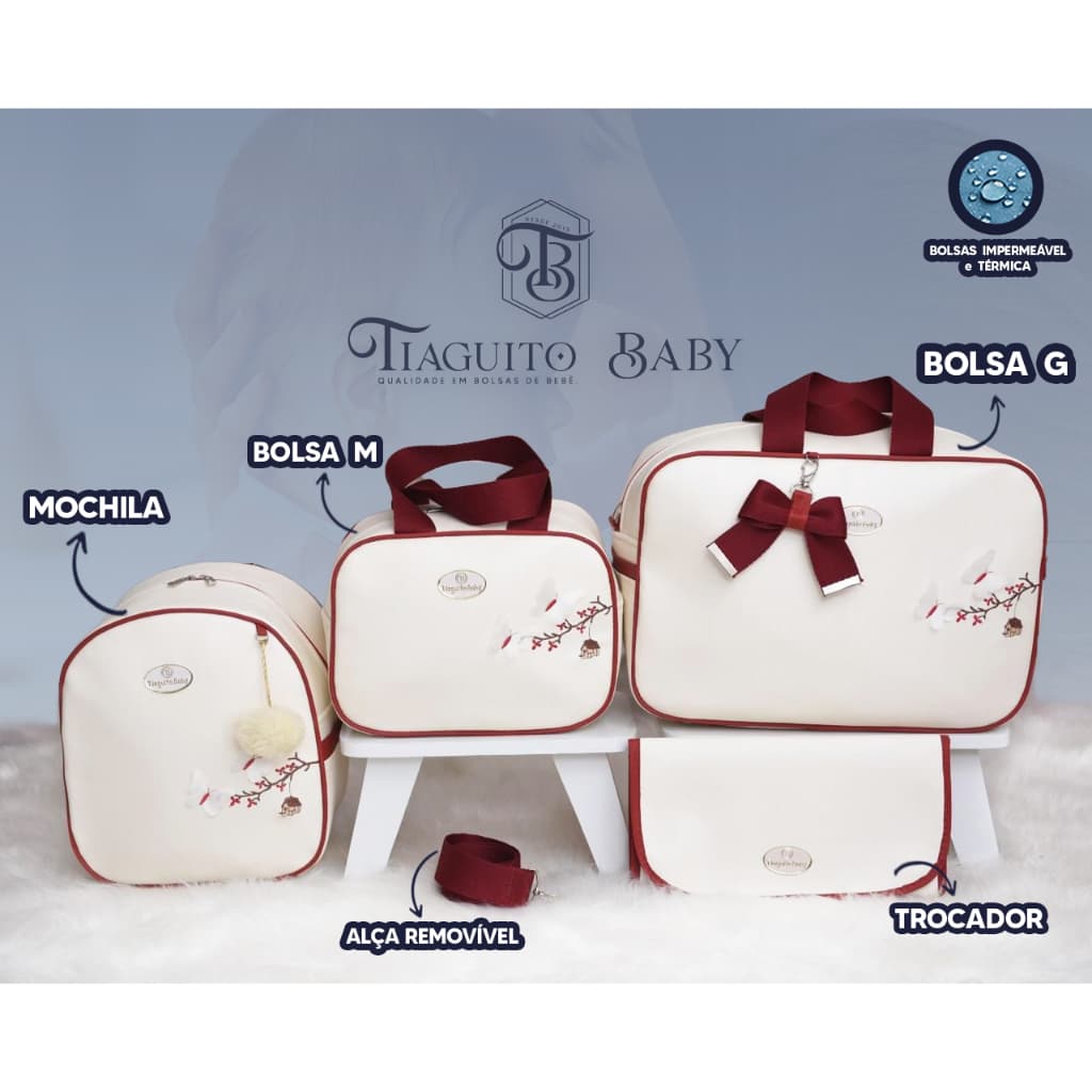 KIT BOLSA  MATERNIDADE BORBOLETA  LUXO 4 PEÇAS  (VERMELHO/OF)