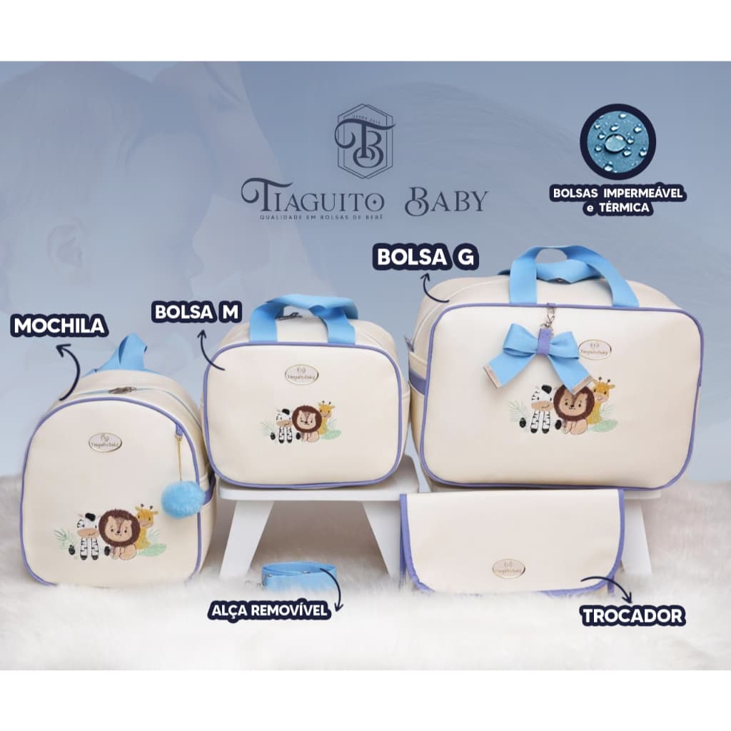 KIT BOLSA  MATERNIDADE SAFARI LUXO 4 PEÇAS  (AZUL/OF)