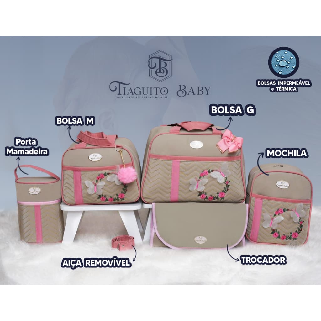 Kit Bolsa Maternidade 5 Peças Borboleta (rosa com bege )