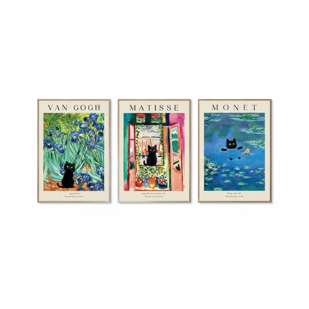 Quadros decorativos Matisse colorido Gato abstrato arte moderna (3 peças)