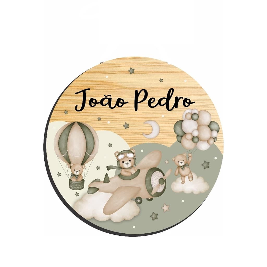 Enfeite Porta Maternidade Urso Aviador Aquarela - Ursinho baloeiro aquarela - Decoração para quarto! Nome