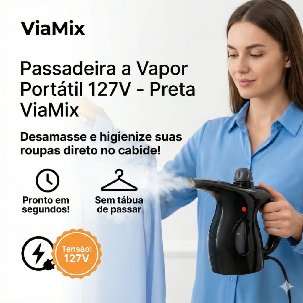 Passadeira a Vapor Portátil Desamassador e Higienizador de Roupas Cortinas e Estofados 127v Preto