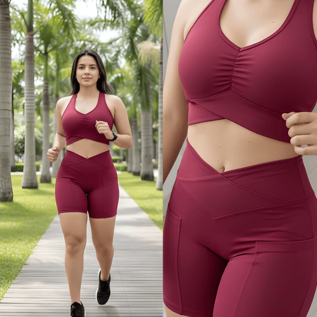 Conjunto Fitness Feminino Franzido com Bojo + Short com Bolso | Poliamida Premium | Academia Treino