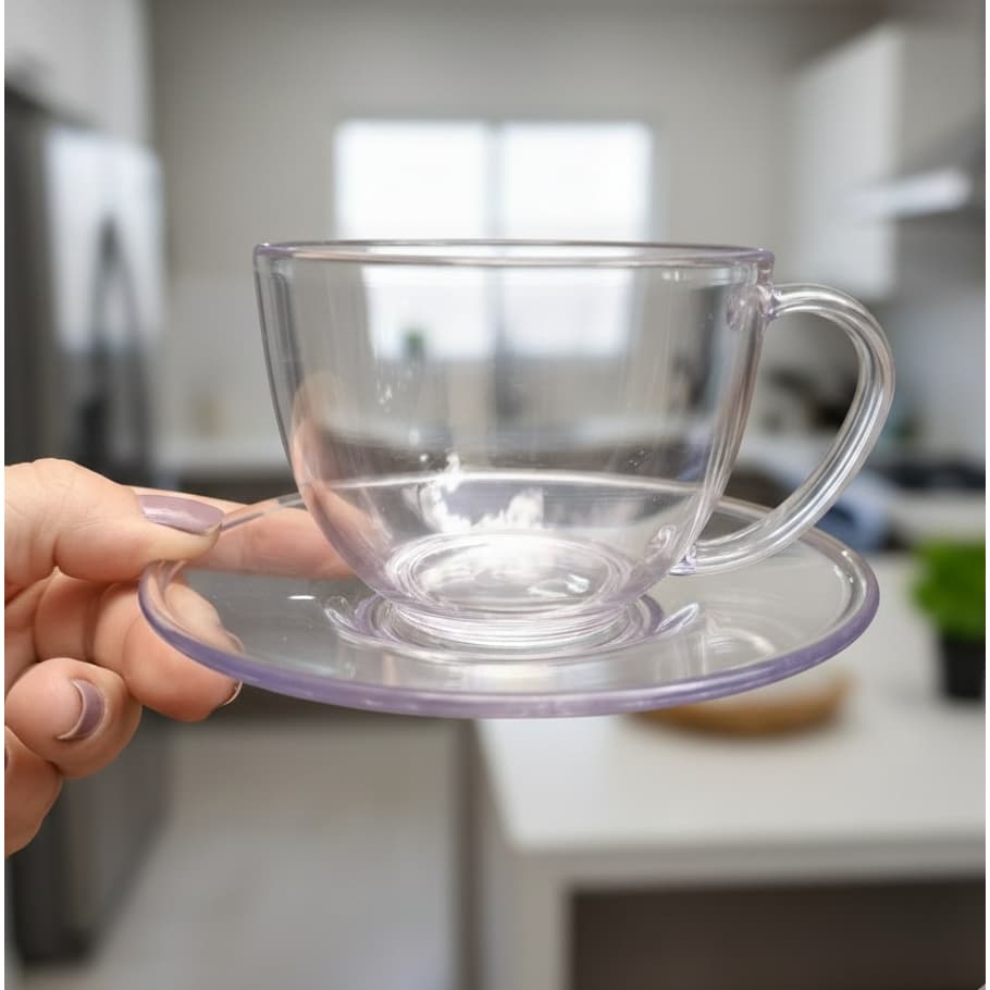JOGO DE XÍCARAS COM PIRES 8 PEÇAS - 4 PIRES - 4 XÍCARAS 200ML ACRÍLICO TRANSPARENTE PARA CHÁ/CAFÉ