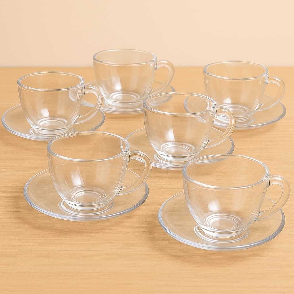JOGO DE XÍCARAS COM PIRES 12 PEÇAS - 6 PIRES - 6 XÍCARAS 200ML ACRÍLICO TRANSPARENTE PARA CHÁ/CAFÉ