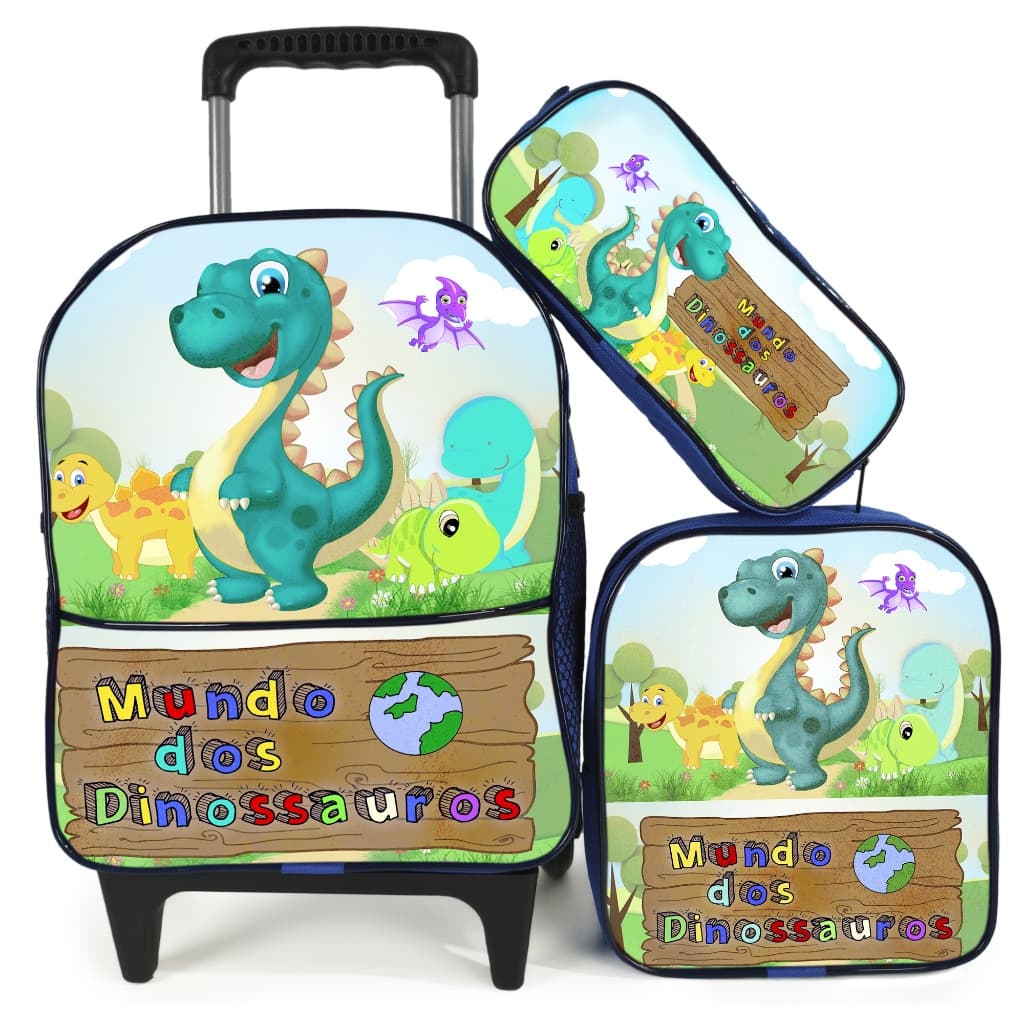 Kit Escolar Menino Infantil Mochila de Rodinha Mundo dos Dinossauros Azul, Estojo 1 Ziper e Lancheira Térmica