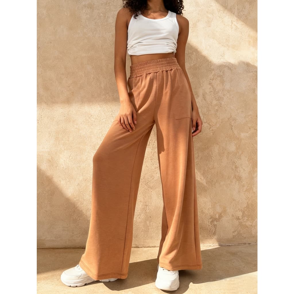 Calça Moletinho Pantalona Wide Leg Com Bolso Com Elastano Cintura Alta Basica Comprido