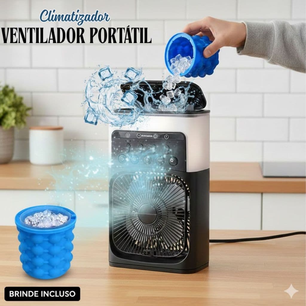 Mini Ventilador Climatizador Ventilador Gelado Portátil Led Bivolt 10w Silencioso com Compartimento de gelo Brinde Balde
