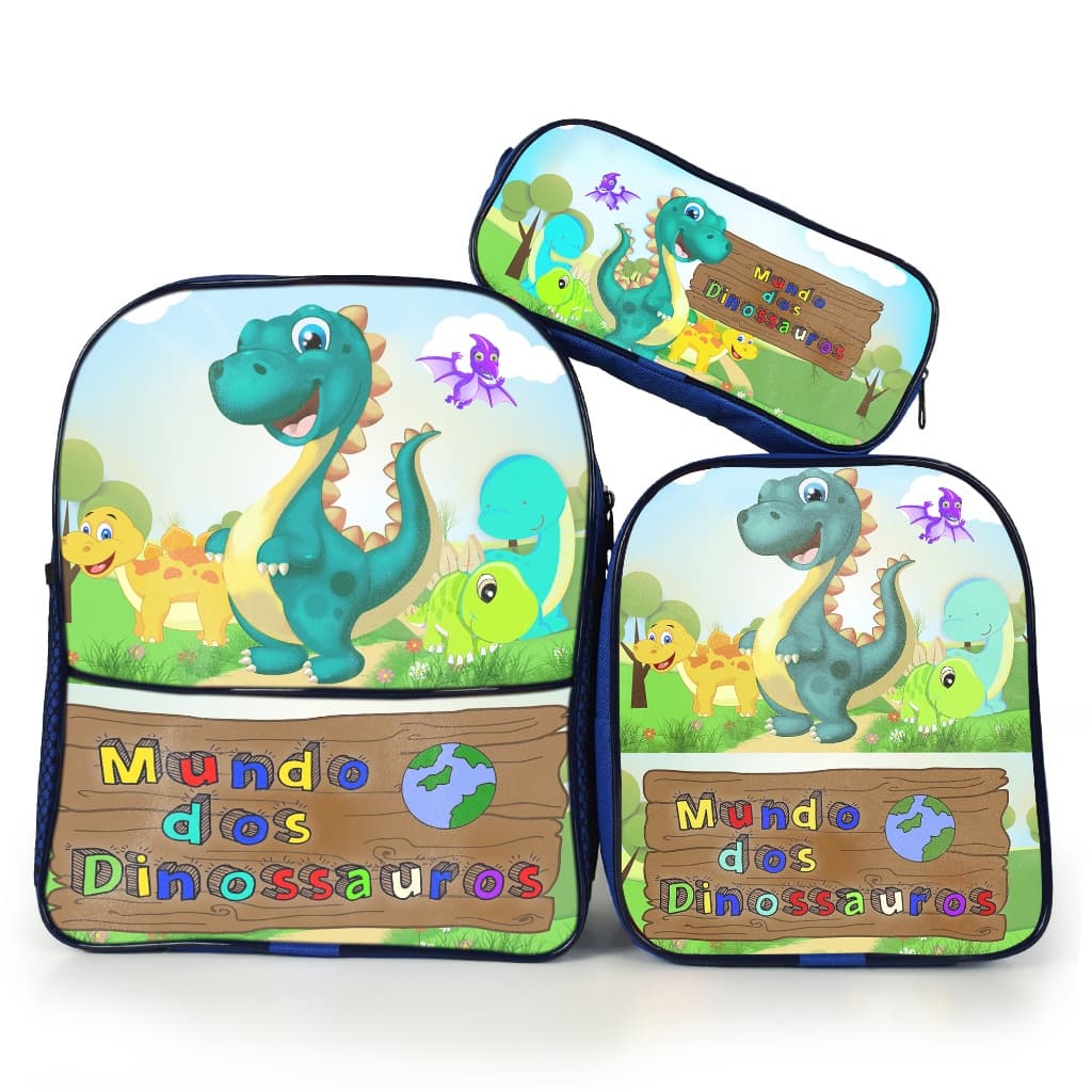 Kit Escolar Mundo dos Dinossauro Azul Infantil Mochila Menino Pequena Lancheira Térmica e Estojo 1 Simples