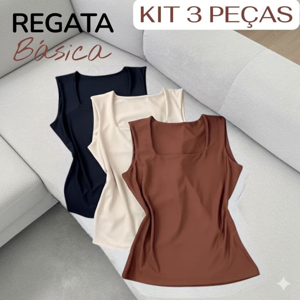 Kit 3 Regata Feminina Blusinha Decote Suplex Básica Lisa Moda Blogueira Tendência Dia a Academia