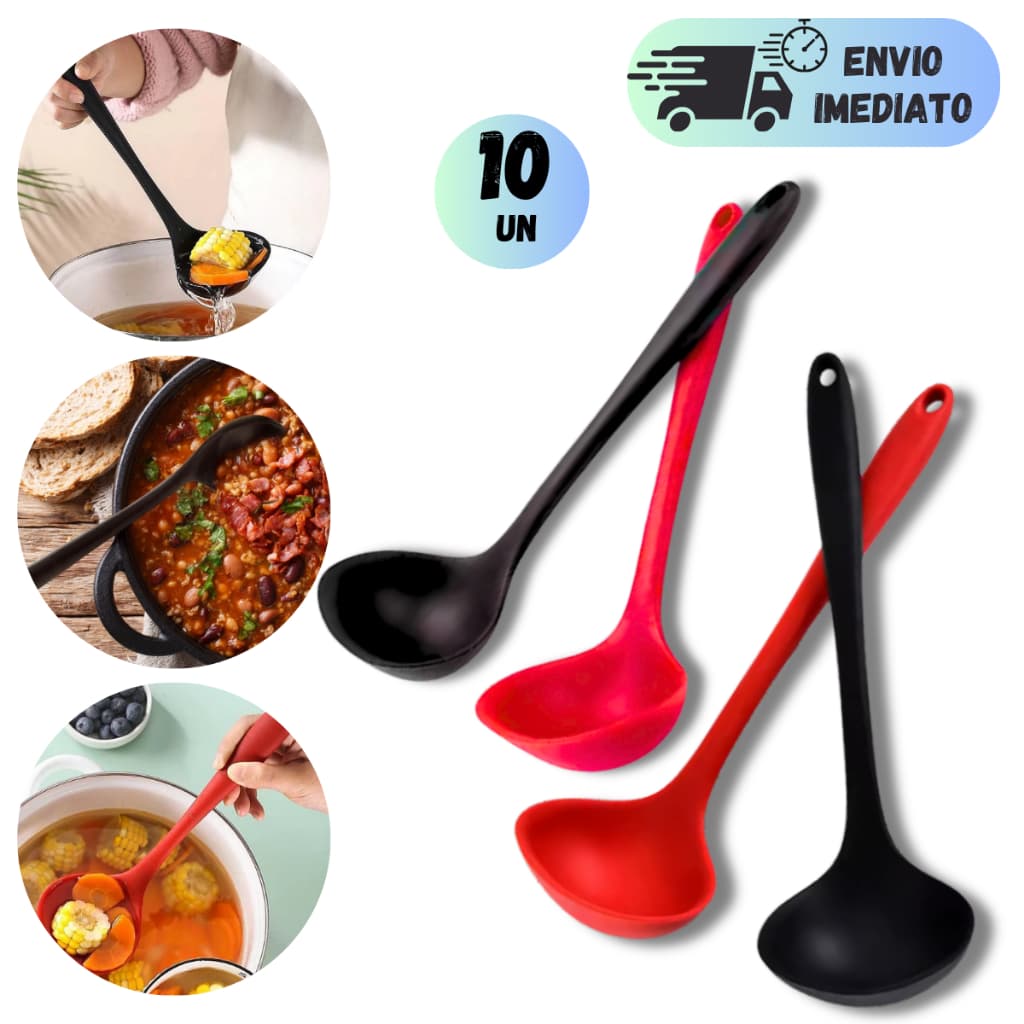 KIT 4 A 10 CONCHAS DE SILICONE 21cm PRETA E VERMELHO PARA SOPA CALDOS FEIJÃO SERVIR UTENSILIO COZINHA
