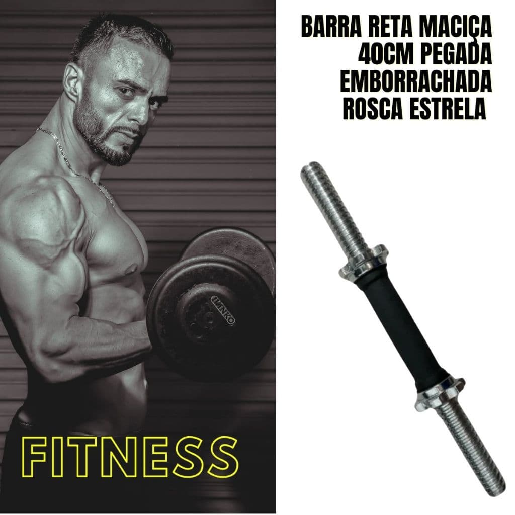 Barras Reta de Musculação Emborrachada Rosca Estrela para Halteres 40cm