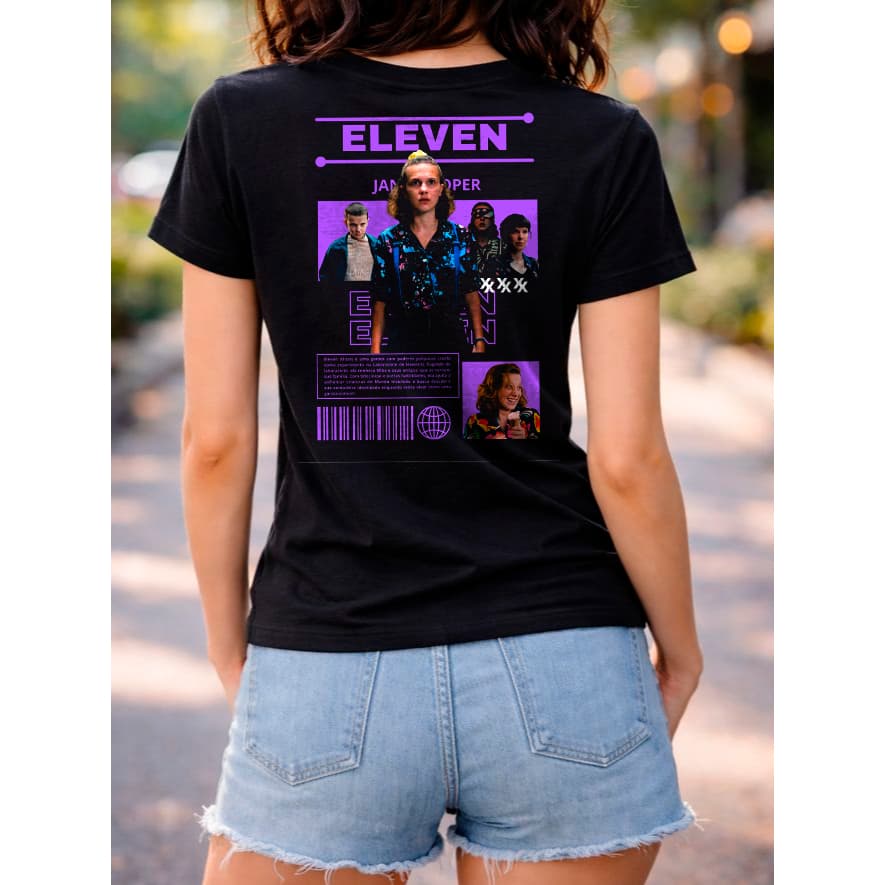 Camiseta Str Things Eleven Preta Geek em 100% Algodão com Estampa Moderna