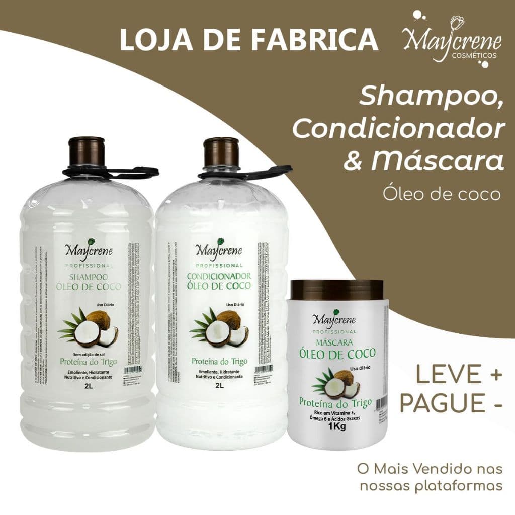 Kit Óleo de Coco Maycrene -   Shampoo 2L+ Condicionador 2L+ Máscara 1KG