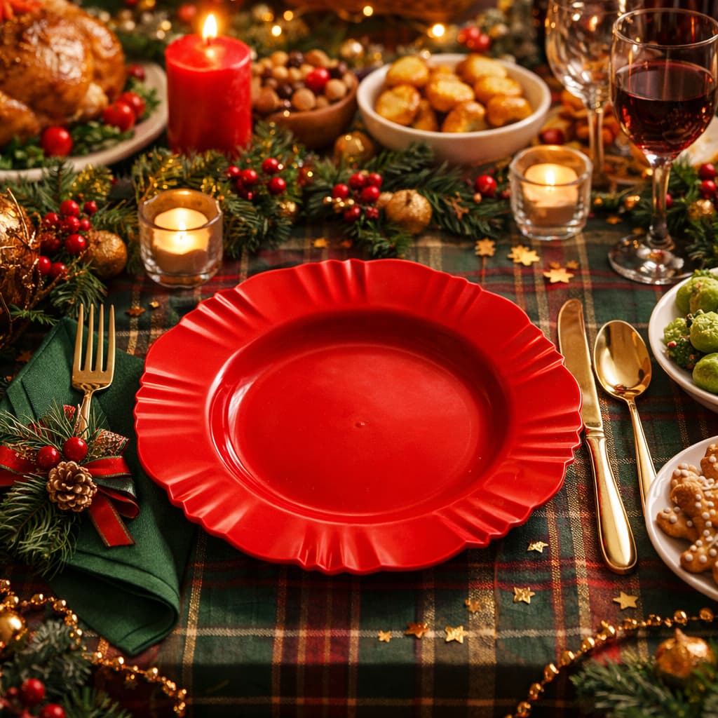 Kit 50 Pratos Fundo Plástico Vermelho com Borda Branco Refeição Churrasco Festa Natal Resistentes