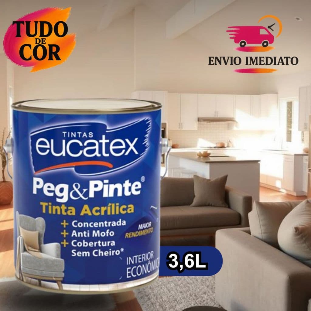 Tinta para Parede Pegue e Pinte Branco Acrílica Eucatex 3,6 Litros, Anti Mofo, Sem Cheiro, Interna