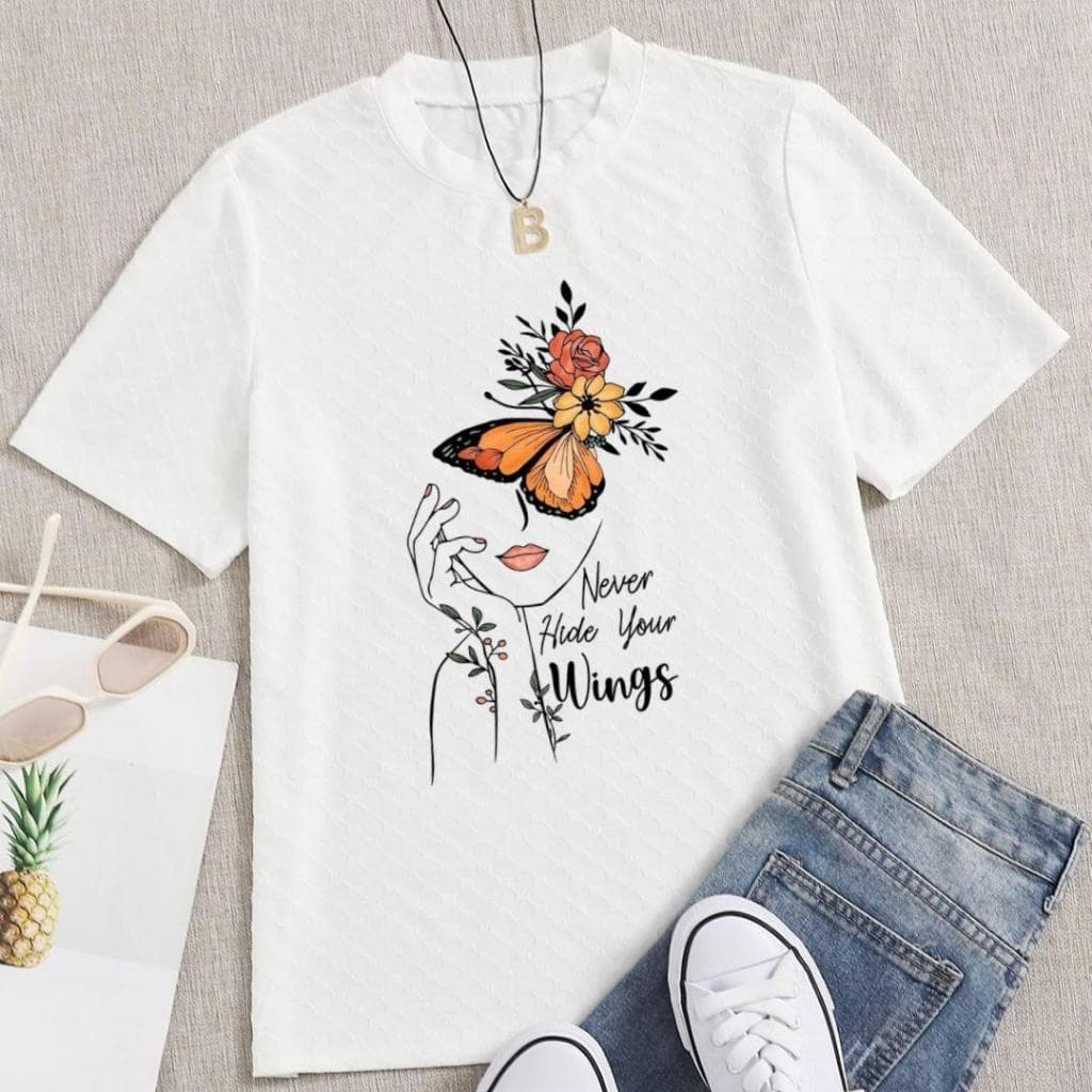 Camisa Blusa Floral Borboleta Camiseta Frase Never Hide Your Wings Casual 100% Algodão