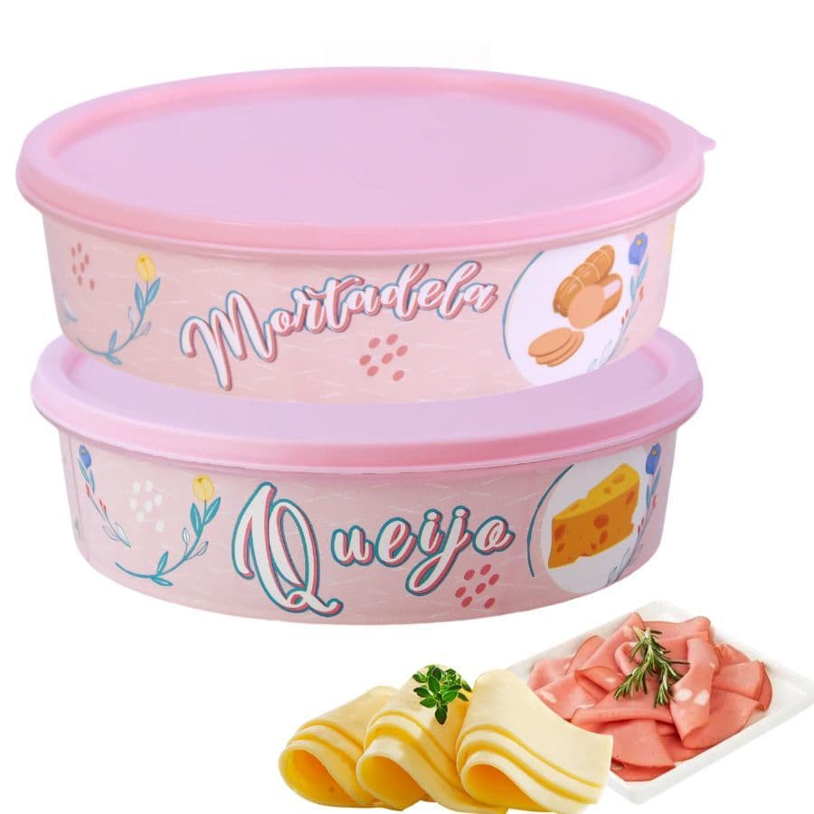 Conjunto 2 potes Rosa Porta Frios 870ml Estampado Queijo Mortadela Pedreira