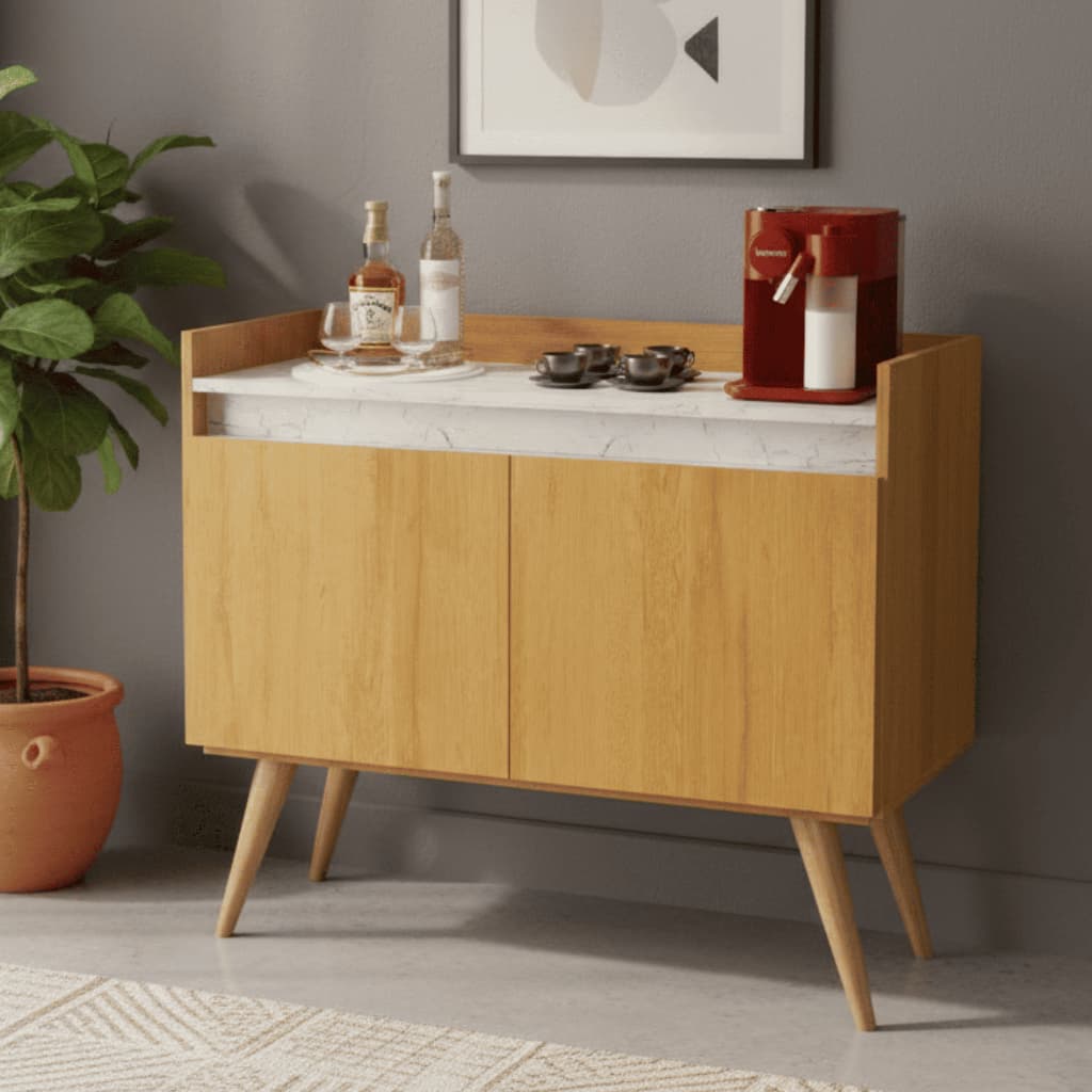 Buffet  Aparador para Sala Gold 2 Portas Mármore Bancada Pés Palito De Madeira