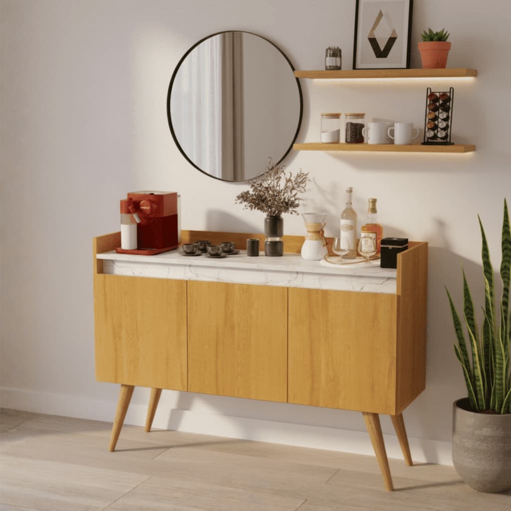 Aparador Buffet Gold 3 Portas Mármore Cantinho do Café Pés De Madeira Organizador Multiuso