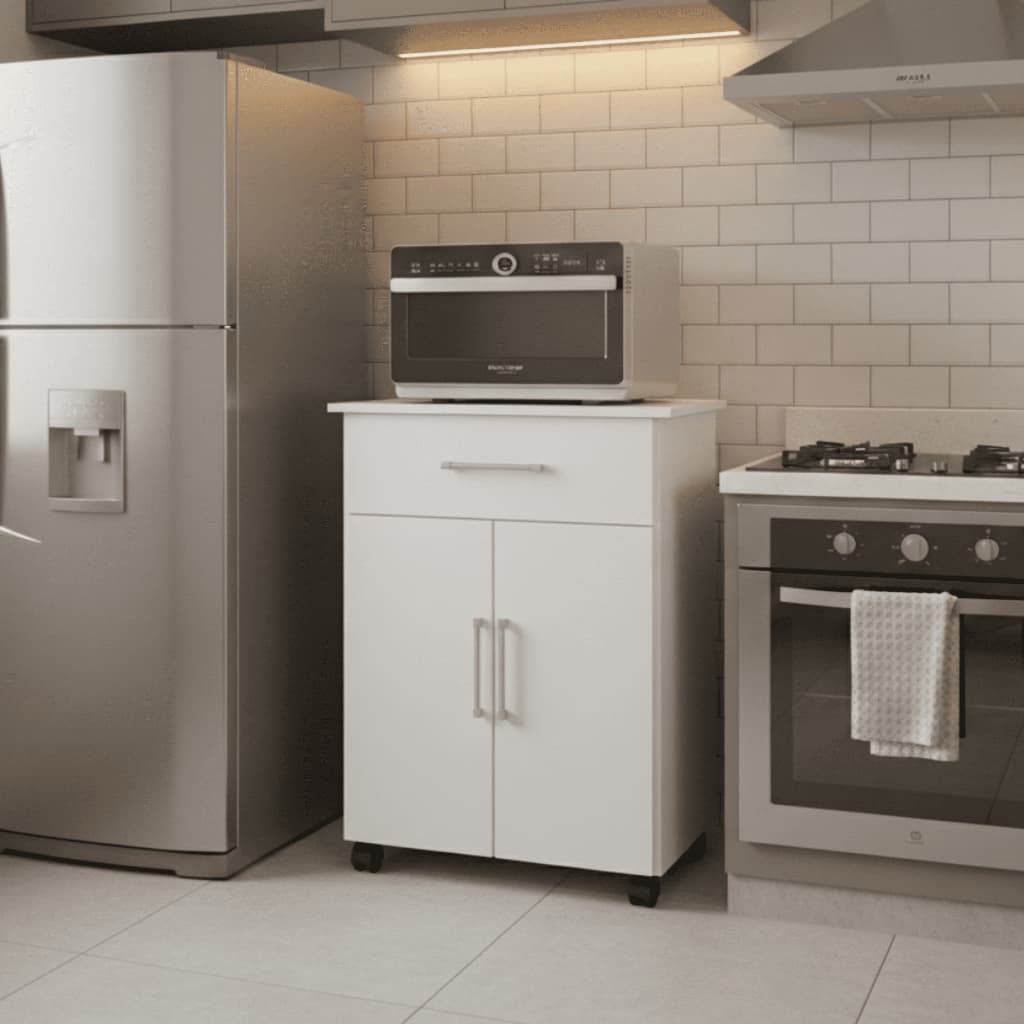 Balcão para Cozinha Liz Armário Microondas 2 Portas 1 Gaveta Com Rodízios