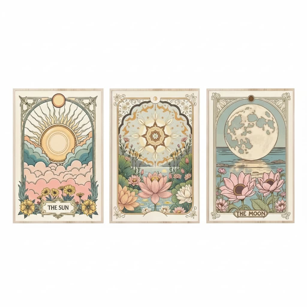 Quadros decorativos Sol lua floral impressão em tela boêmio celestial tarô céu lótus arte (3 peças)