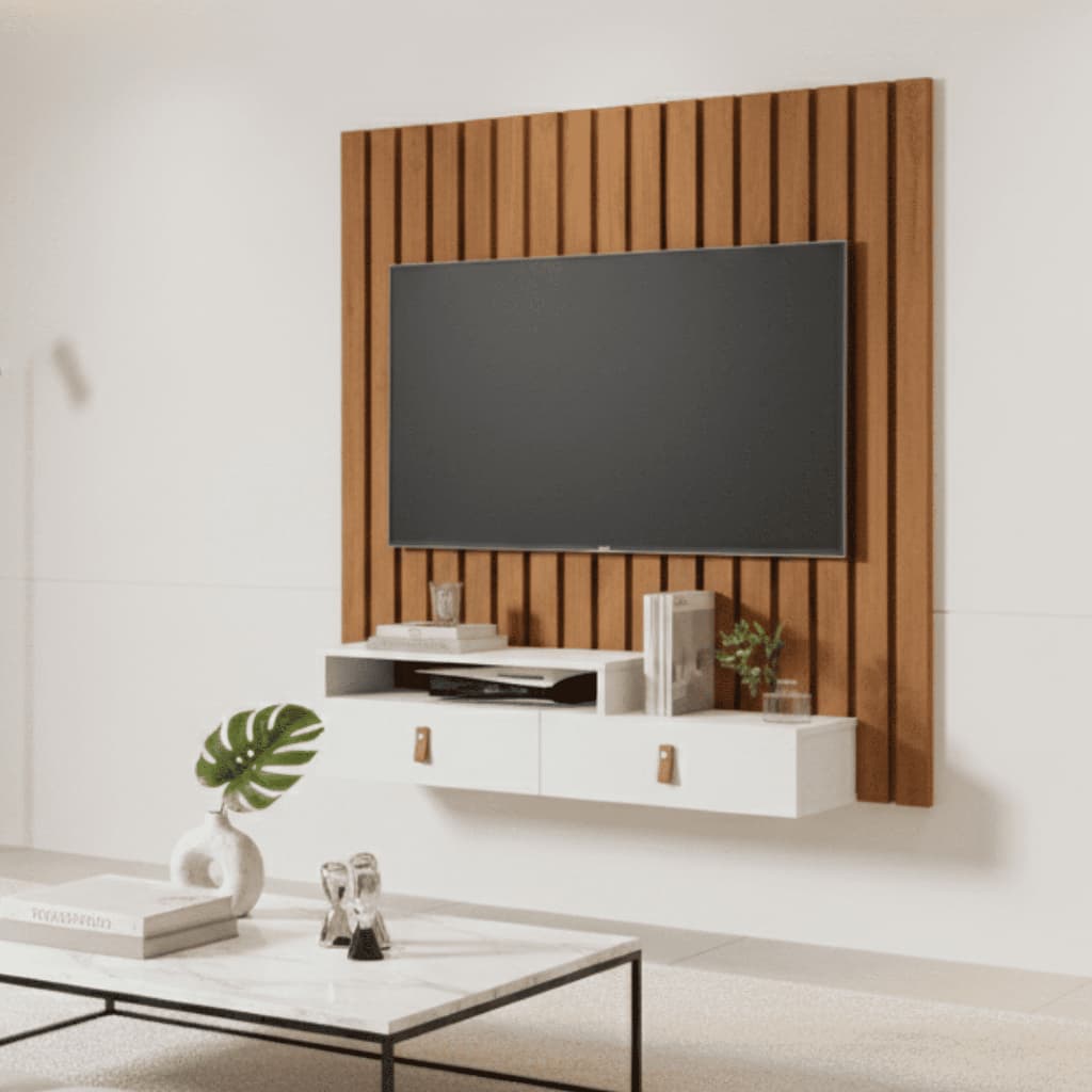 Kit Rack com Painel Ripado Suspenso Para Tv 32 Polegadas 2 Portas Nicho