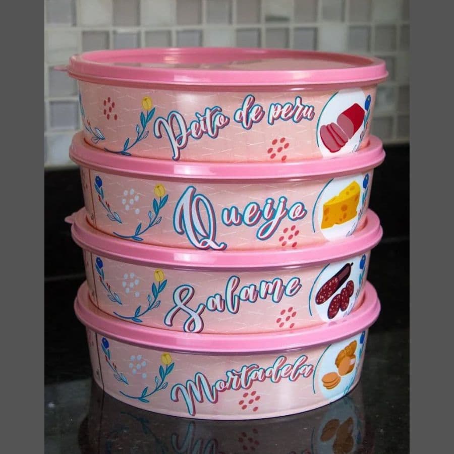 Kit Porta Frios 4 Potes Rosa 870ml Decorado Estampado Salame Peito Peru Mortadela Queijo Pedreira